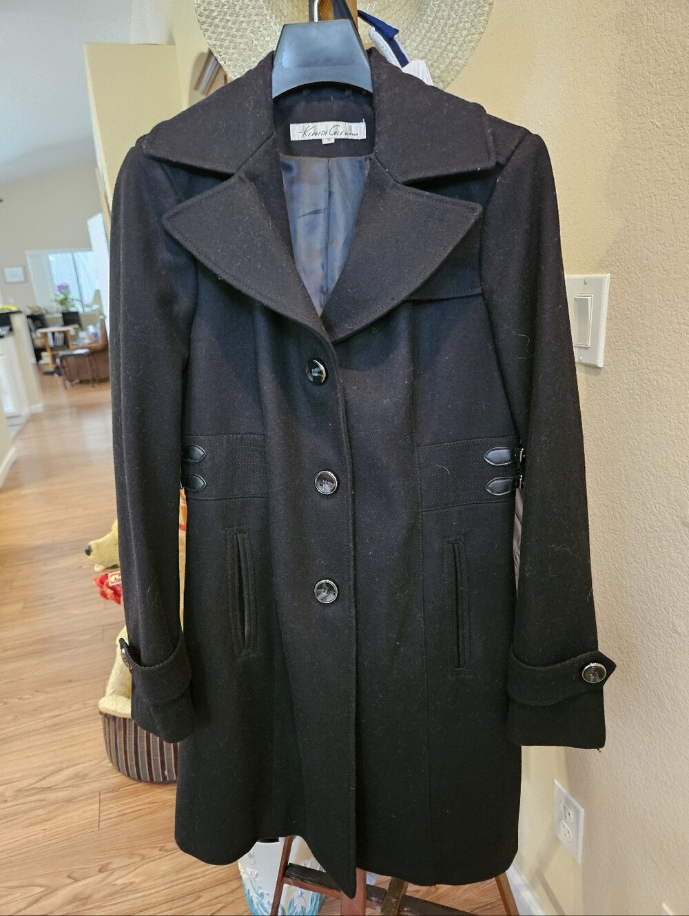Kenneth Cole Black Wool-Blend Pea Coat with Notched Collar